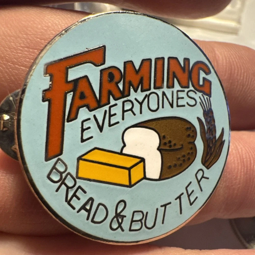 Vintage Farming Everyones Bread & Butter Hat Coat Vest Lapel Pin Farm Farmer